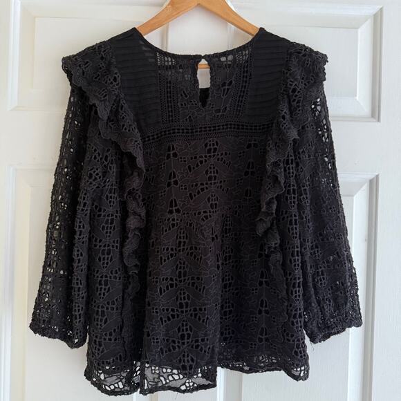Anthropologie Eyelet Ruffled Sheer Black Top Long Sleeves Size 12 Prairie Boho - Picture 8 of 10